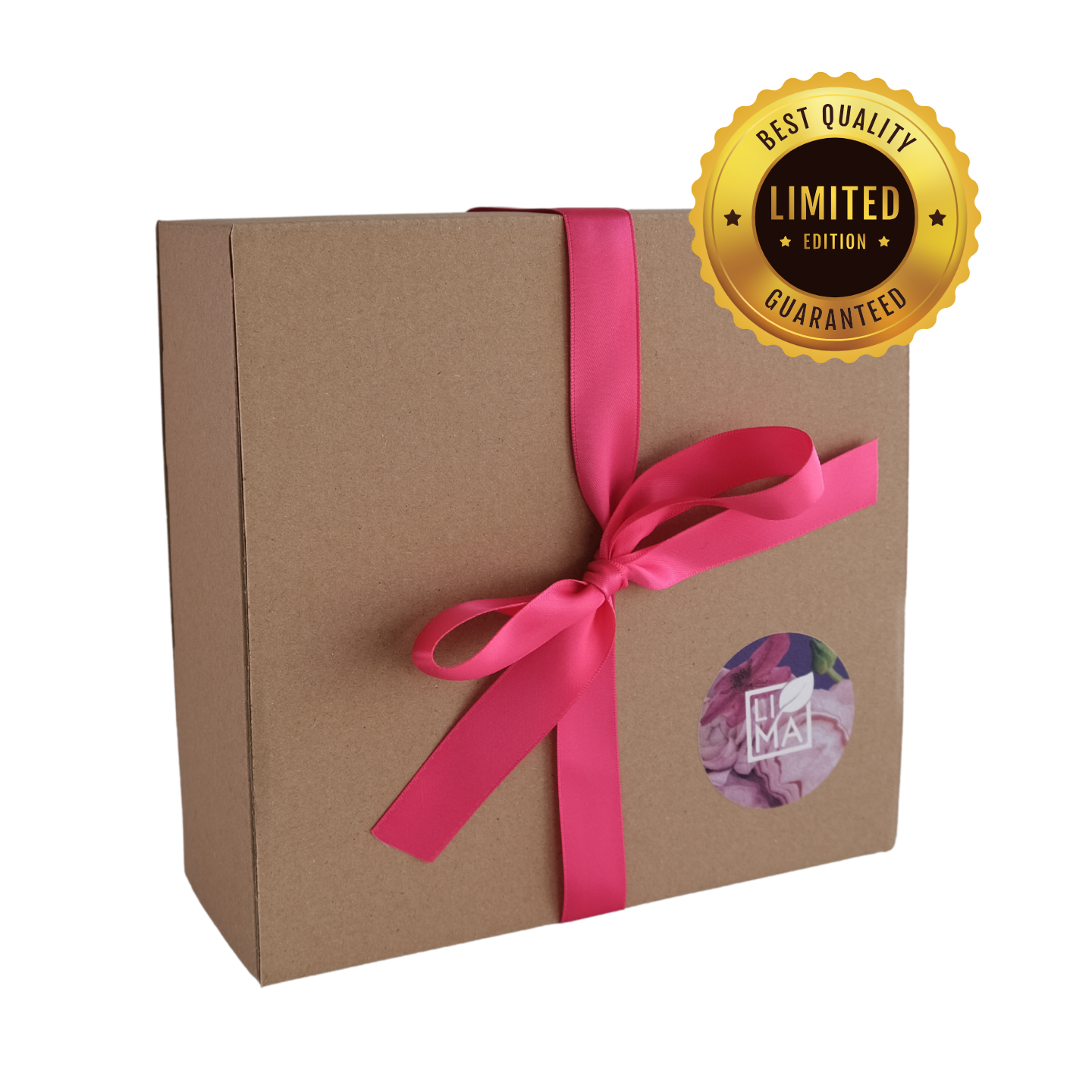 Limitiertes LIMA Duftkerzen-Set in einer edlen Naturkarton-Box mit magentafarbener Satinschleife.